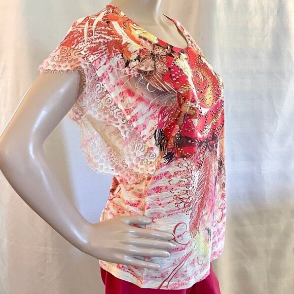Style and Co Floral Top with Decorative Gems and Lace for Women Size PM Blouse - Picture 5 of 14